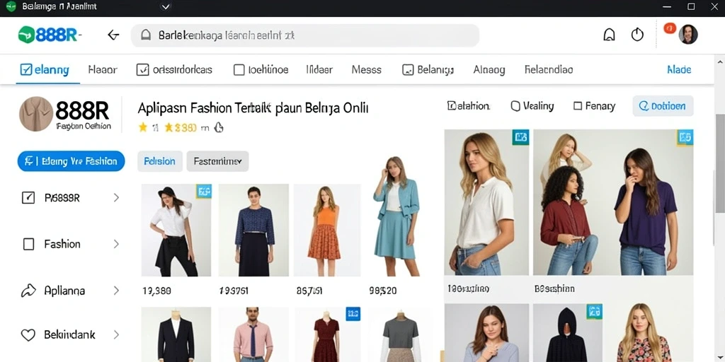 Tampilan antarmuka aplikasi 888R dengan produk fashion menarik.