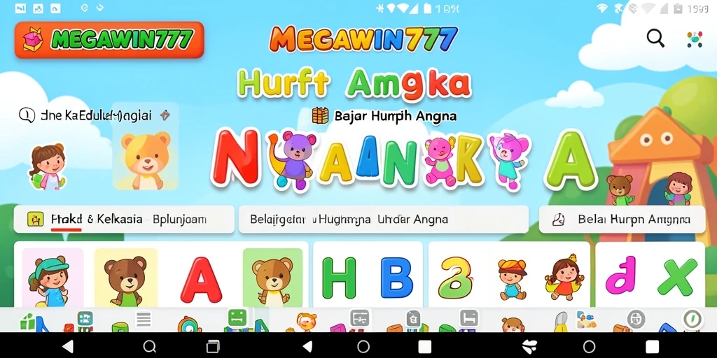 Tampilan antarmuka aplikasi MEGAWIN777 untuk Belajar Huruf Angka.